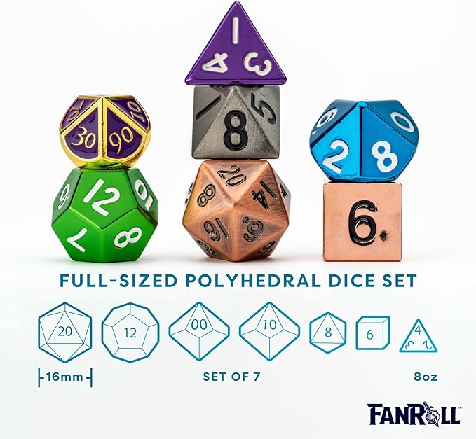 FanRoll Mystery Misfit Metals: Bag of 7 Assorted Polyhedral 16mm Metal Dice