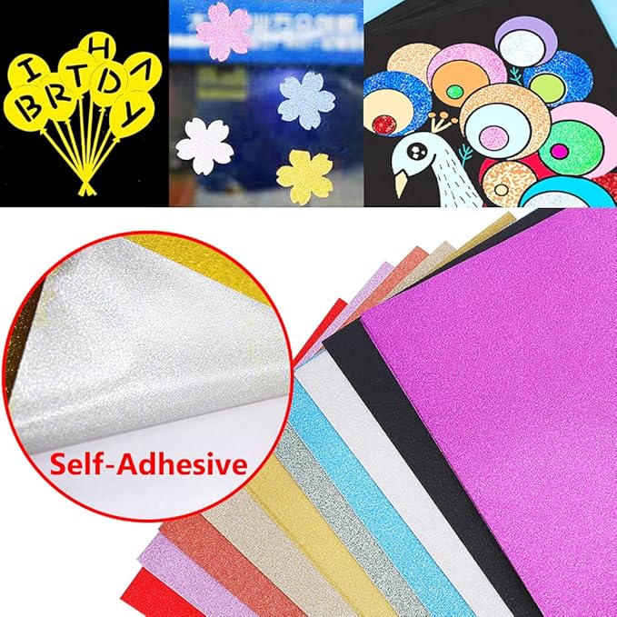 UCEC Glitter Cardstock Paper, 50 Sheets 10 Colors, 8.3 x 11.7 Inch Self-Adhesive Glitter Sticker Paper for Card Making, Sparkly Papers for Craft DIY Halloween Party Scrapbooking Gift, A4, 80 GSM