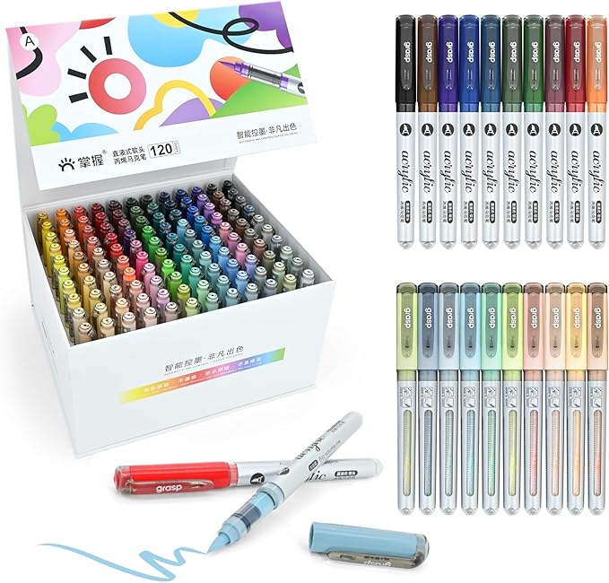 120 Colors Acrylic Paint Markers Set, Water Based Acrylic Paint Pens With Visual Ink Window,Soft Brush Tip Acrylic Markers for canvas, Egg, rock painting,Wood, Stone, Glass, Fabric and DIY Crafts Art