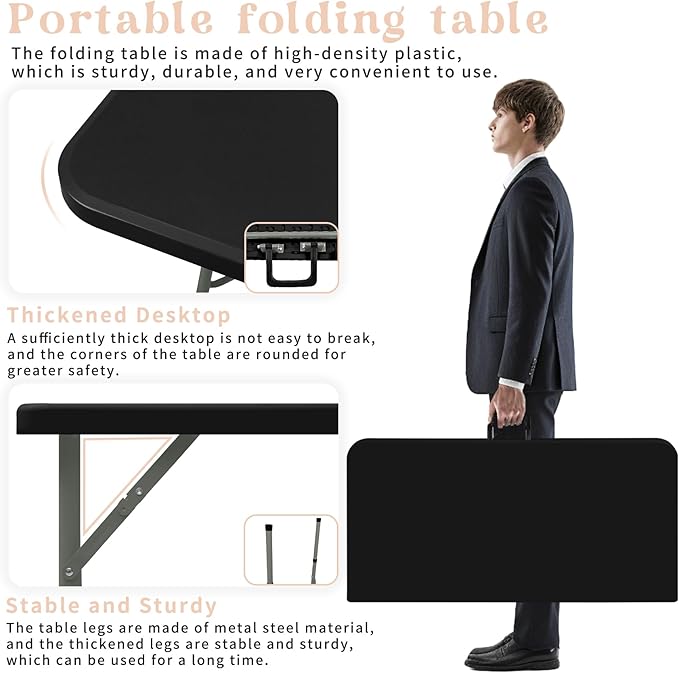 34" Square Folding Table,Multi-Functional Portable Folding Card Table with Carrying Handle for Indoor Outdoor Camping,Picnic, Office, Party Use, HDPE Plastic Tabletop with Metal Frame(Black)