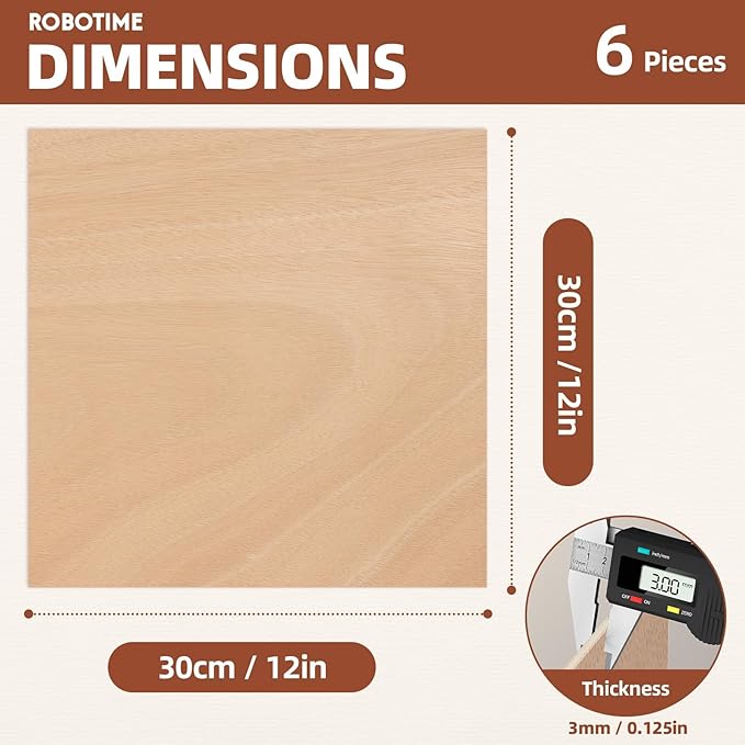 ROBOTIME 6-Pack Laser Wood Sheets 1/8" - 12 x 12 x 1/8 Inch - Mahogany - 3mm Plywood for Laser Cutting, Laser Engraving Blanks