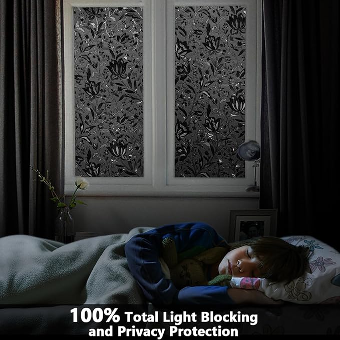 LEMON CLOUD Total Blackout Window Film Privacy Static Cling Frosted Black Window Covering 100% Opaque Film Tint Darkening Removable Film for High Privacy，(Blackout Tulip Design,17.5 x118.1 inches)