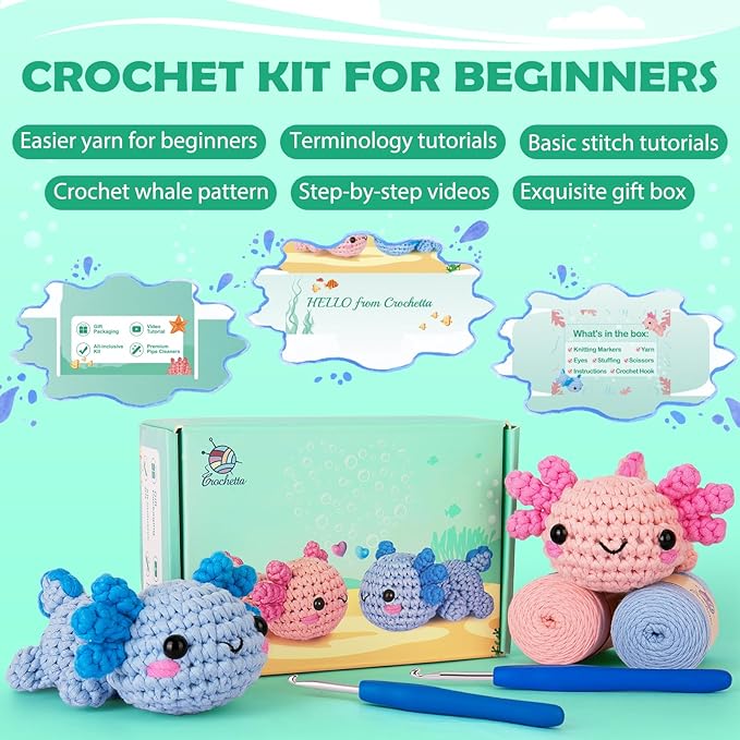 Crochetta Crochet Kit for Beginners, Crochet Starter Kit w Step-by-Step Video Tutorials, Easy Beginner Crochet Kit for Adults & Kids, Women & Men, Complete Kit Included (Axolotl 2Pack)