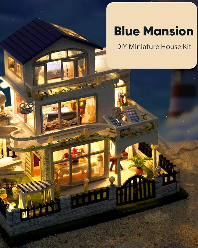 DIY Miniature House Kit, Mini House Kit for Beginners, Mayberry Street Miniatures, Model Building Craft Diorama Kit, Ideal Gifts for Birthday, Christmas(Blue Mansion)