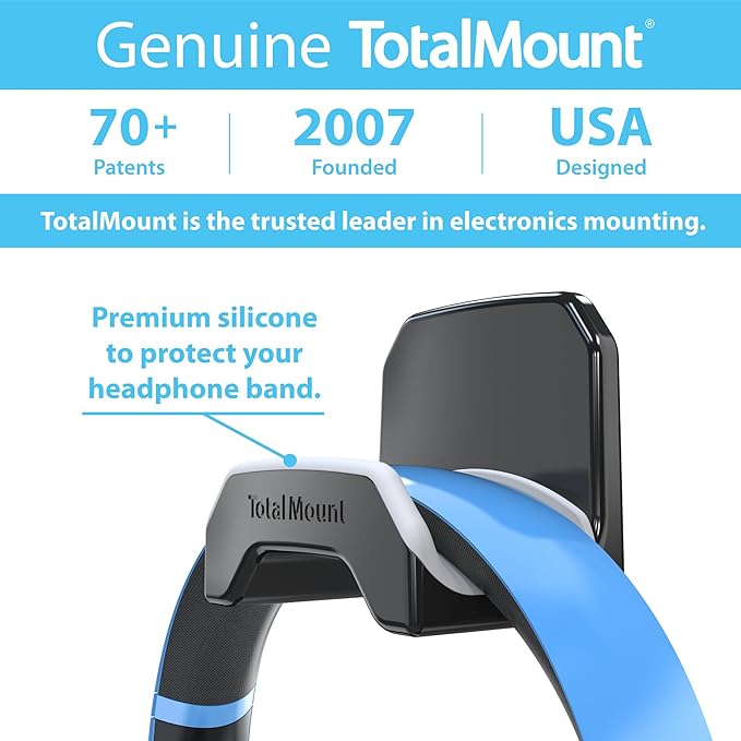 TotalMount Gaming Headset Hangers – Include Removable Adhesive Strips for Easy, Damage-Free Wall, Desk, or PC Mounting (Black Headphone Hooks with Premium Silicone Cradles – Two Pack)