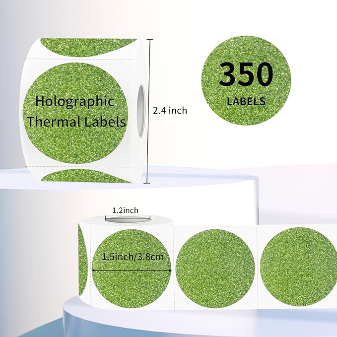 1.5" Holographic Direct Thermal Label Stickers, Round Printable Rainbow Glitter Thermal Printer Sticker Labels for Gift Wrapping, Self-Adhesive DIY Custom Logo Design- Glitter Green