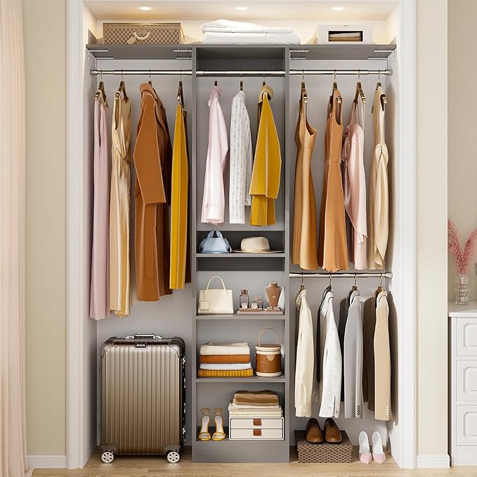48" Small Closet Organizer, 4FT Small Closet System with 4 Closet Rods & 3 Shelves, 80"H Small Closet Organizers and Storage for Small Bedooms, Cloakrooms, Laundry Rooms, Gray