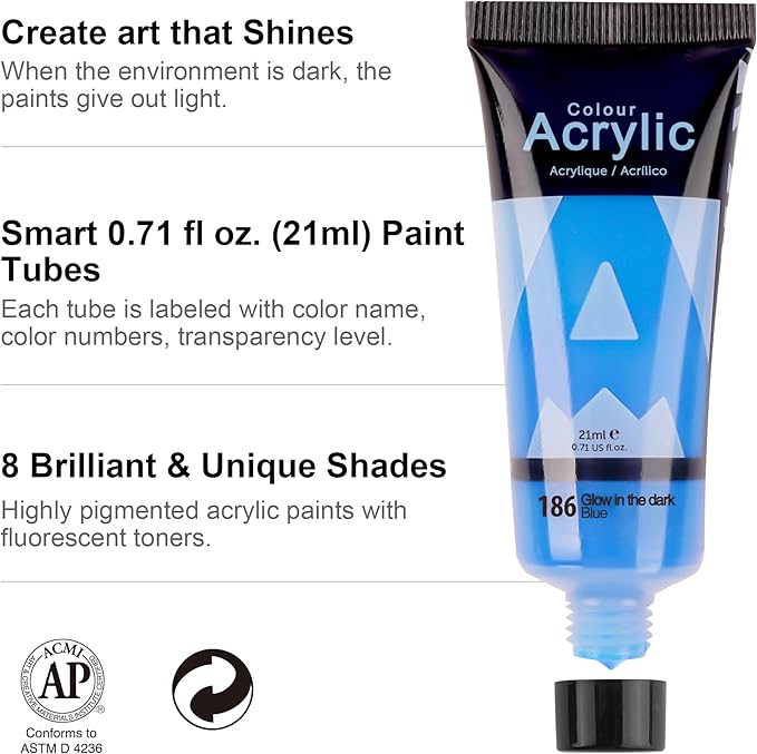 AUREUO Glow in the Dark Acrylic Paint, 8 Colors x 0.71 Fl Oz / 21ml Neon UV Black Light Paints for Easter Rocks, Wood, Craft, Canvas, Paint Party Supplies