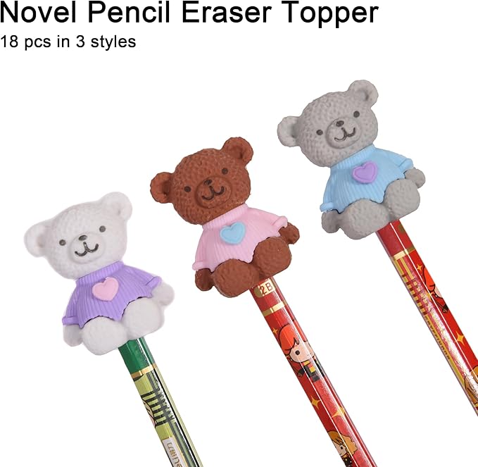 HILAZA 18Pcs Pencil Top Erasers for Kids, 3D Cute Bear Pencil Toppers, Bulk Fun Pencil Cap Easters for School Classroom Supplies Prize Gifts Party Favors