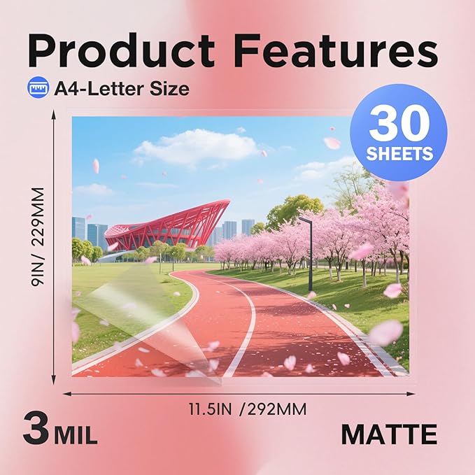 Matte Laminating Sheets 9 x 11.5 Inches, 3 Mil Thick, 30 Pack,Clear Anti-Glare 8.5 x 11 Matte Thermal Laminating Pouches for Letter Size (30)