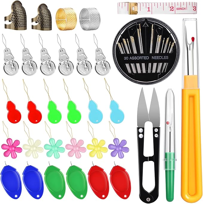 KAQRHFT 24 PCS Needle Threaders Kit, 4 Types Needle Threader with Embroidery Needles, Seam Ripper, Thread Snips, Thimble and Measuring Tape, Sewing Tool Kit for Hand Sewing