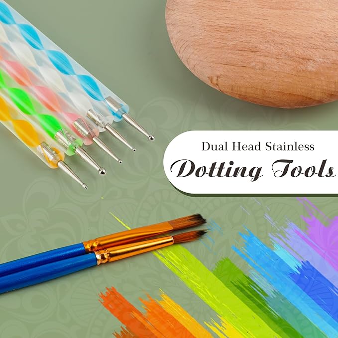 Mandala Rock Painting Kit - Mandala Dotting Tools Kit - 5 Large Wooden Rocks for Painting with Stencil Supplies, Dotting Tools for Paint Rocks - Dot Art and Crafts for Adults