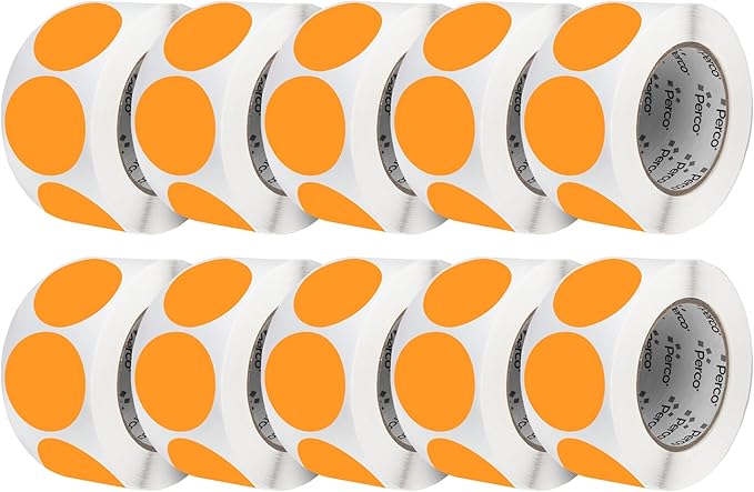 Perco Fluorescent Orange 3-Inch Perforated Circle Dot Sticker Labels — 10 Rolls, 5,000 Round Stickers — with Permanent Adhesive for Moving Boxes, Sale Signage, Displays, Status Messaging—Made in USA