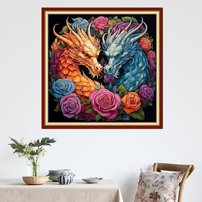 DMCVIVR Stamped Cross Stitch Kits for Adults Beginners Embroidery Kits 11CT Needlepoint Kits Cross Stitch Patterns Embroidery Patterns&Colored Dragon Flower 18x18 inch