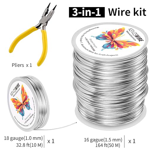 16 Gauge(1.5mm) Aluminum Wire 164 Feet(50M) KSVZS Bendable Metal Wire for Crafts, Sculpting, Armature, Jewelry Making【3-in-1】+18Gauge(1.0mm) 32.8Ft(10M)+1 Pliers(Silver)…