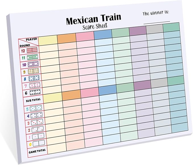 1 Pack 60 Sheets Mexican Train Score Pads Colorful Chicken Foot Dominoes Game Scorepad Adult Mexican Train Score Sheet Scoreboard Paper Record Clearly for Family Game (6.7 x 5 Inches)