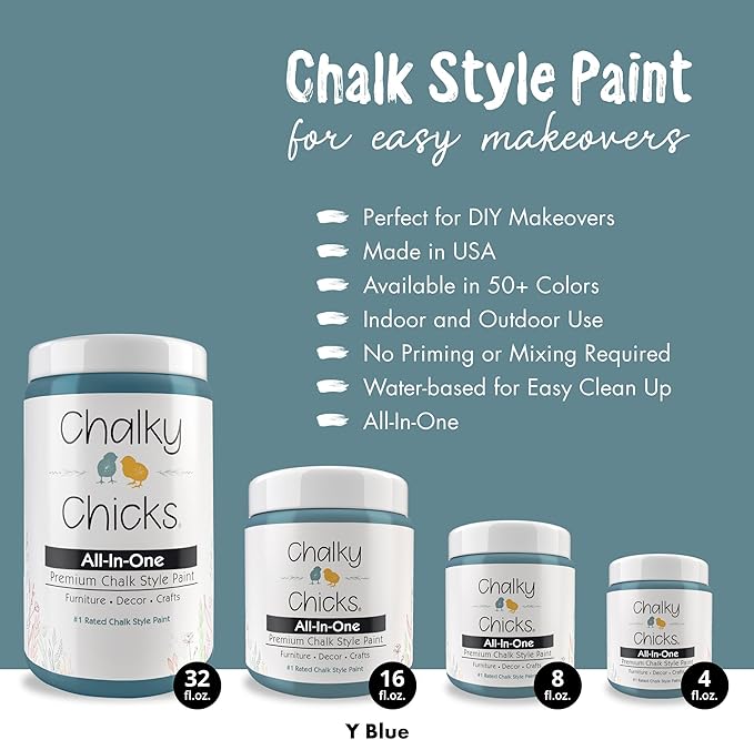 Chalky Chicks All-in-One Chalk Paint for Furniture or Cabinet - 4 Fl Oz - Matte Finish Y Blue (Medium Blue) for Metal, Wood Furniture Paint - No Sanding All-in-One for Home Decor & Crafts, USA Made