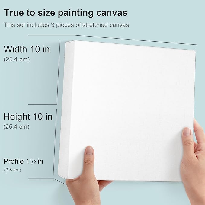 PHOENIX 10x10 Inch 3 Pack Gallery Canvas - 1.5 in Thick Square Canvases for Painting - Deep Edge 100% Cotton 11 Oz. Gesso Primed White Blank Professional Canvas Oil & Acrylic Paints
