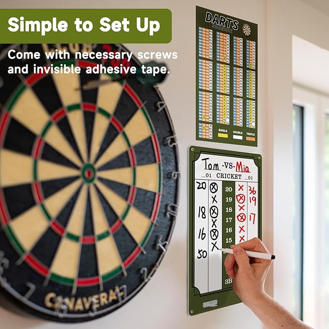 Darts Scoreboard - Dry Erase Dart Scoreboard for 301, 501 and Cricket Games - Come with Darts Scorebook & 2 Pens
