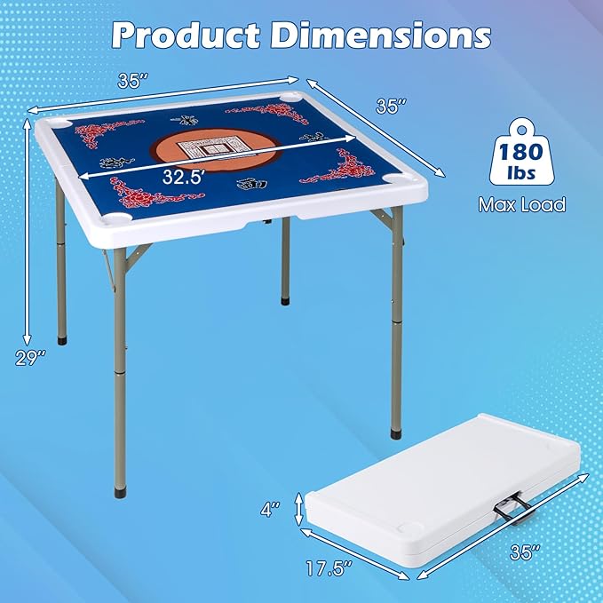 Giantex Folding Mahjong Table, 35" Square Card Table with Cup Holders, Removable Noise Reduction Mat, HDPE Tabletop, 4-Player Portable Domino Tables for Poker Blackjack Board Game (Navy)