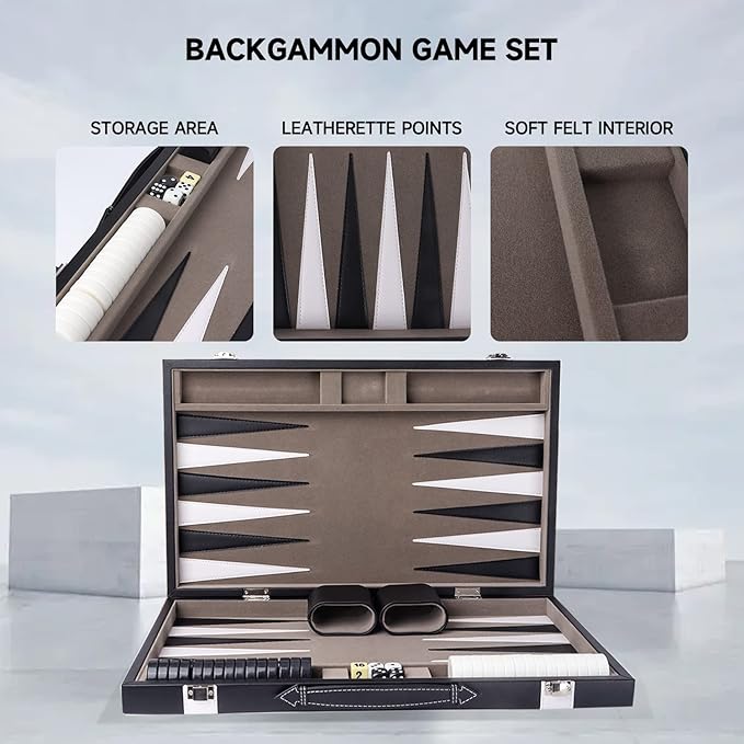 GSE Games & Sports Expert Premium Leather Backgammon Board Game Set, Classic Backgammon Game Set with Leather Case, Travel Folding Board Game (Black&Grey, Large)