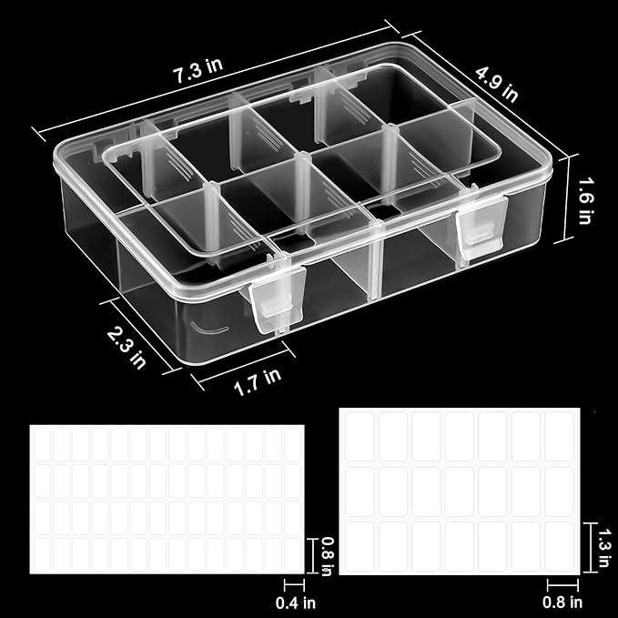 4 Pack 8 Grids Bead Organizer and Storage, Clear Plastic Storage Containers with Removable Dividers and Labels Small Tackle Box Organizer for Jewelry Crafts Electronics Small Parts