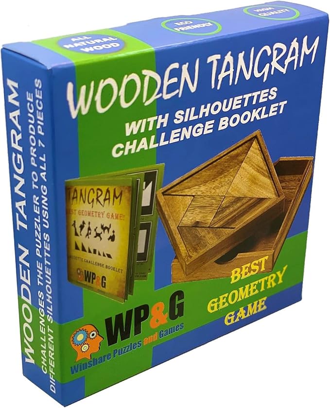 Tangram Wooden Puzzle Geometry Game, with 48 Silhouette Tangrams Challenge Booklet