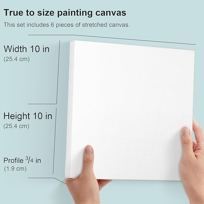 PHOENIX 10x10 Inch 6 Pack Artist Canvas - Square Stretched Canvases for Painting - 3/4 Inch Profile, 100% Cotton 11 Oz. Gesso Primed White Blank Professional Canvas Oil & Acrylic Paints