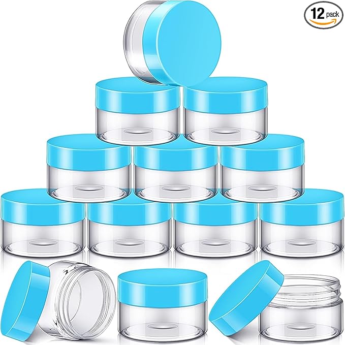 SATINIOR 12 Pack 32 oz Plastic Container Jars with Lids Round Clear Travel Cosmetic Container Slime Jars for Toiletries, Lotion, Cream, Ointments, Makeup, Rhinestone, Samples, Kitchen Storage(Blue)