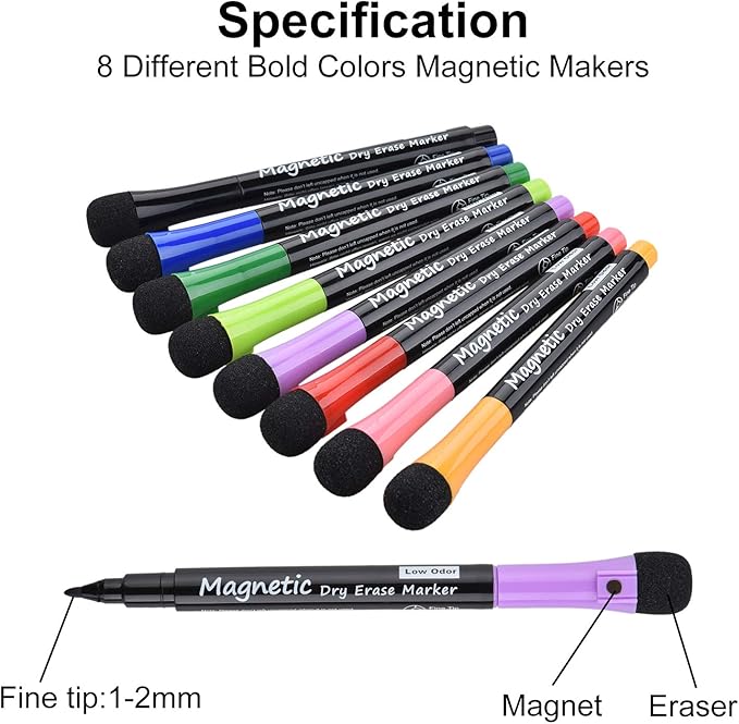 Browill Magnetic Dry Erase Markers, Fine Tip Low Odor Whiteboard Markers for Kids & School, Work On White board & Calendar, Refrigerator (16 Pack)