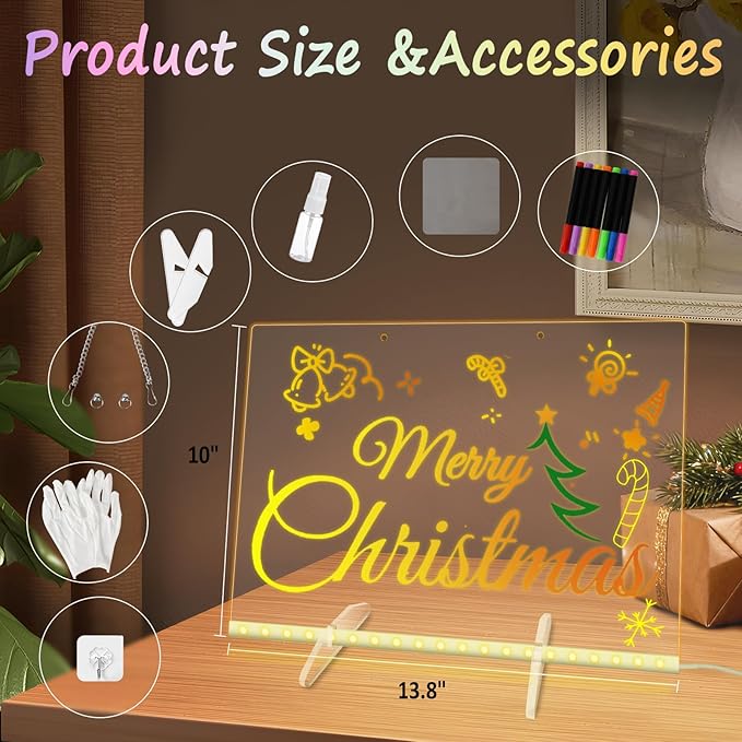 Led Note Board with 7 Colors, 13.8“X10” Lumiboard Led Drawing Board for Kids, 4 Modes Acrylic Dry Erase Board with Light, Glow Rewritable Message Board with Stand, Include 7 Markers, Hanging Chain