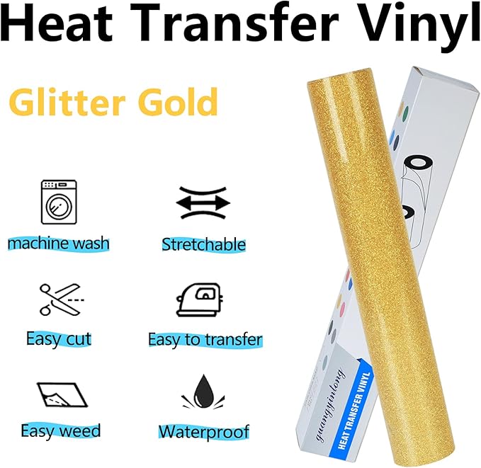 guangyintong Glitter Gold Heat Transfer Vinyl HTV Rolls, 12" x 8ft Iron on Vinyl for T-Shirts Glitter Gold HTV Vinyl for All Cutter Machines Easy to Cut & Weed for Heat Vinyl Design