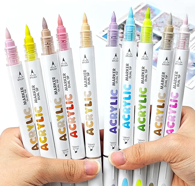 kander 12 Colors Dual Tip Acrylic Paint Markers, Adobe Brown Color — Extra Fine & Soft Brush Pen Set with Direct Ink Flow for Sketching, Detailing, Coloring on Wood, Canvas, Rock, Glass, DIY Crafts
