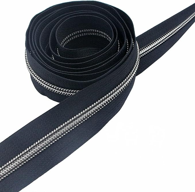 Leekayer #5 Silver Metallic Nylon Coil Zippers by The Yard Bulk 10 Yards Zipper Tape with 25pcs Silver Sliders for DIY Sewing Tailor Craft Bag (Navy Black)