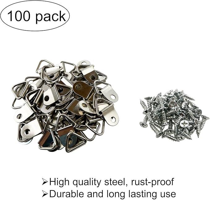 Silver Triangle Ring Picture Hangers (100 Pack) with Screws for Hanging Frames, Paintings, Artwork, Photos on Drywall