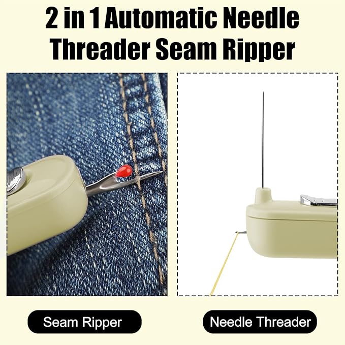 Needle Threaders, 2 in 1 Plug-in Needle Threader Seam Ripper Tool, Automatic Stretchable Seam Rippers for Sewing, Hand Quilling Supplies,Embroidery Stitch Removal(Green/Yellow)