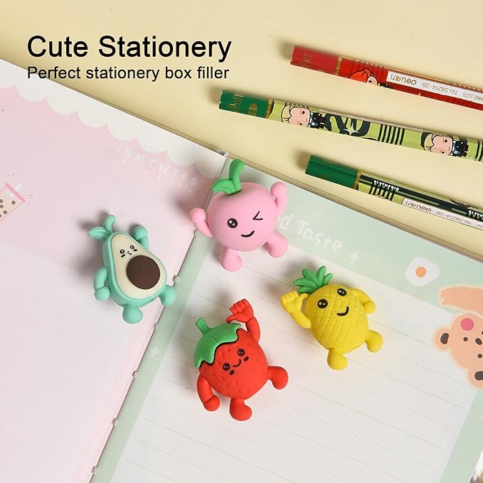 HILAZA 16Pcs Pencil Top Erasers for Kids, 3D Cute Fruit Pencil Toppers, Bulk Fun Pencil Cap Easters for School Classroom Supplies Prize Gifts Party Favors