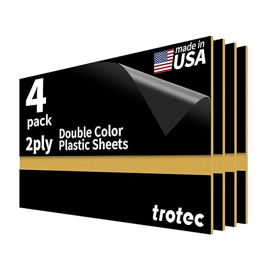 Trotec TroLase | 12"x24"x1/16", 4 Pcs | Black/Gold | 2 Ply | Modified Acrylic | Laser Engraving Double Color Plastic Sheet | Engraving Blanks for Laser, Saw, Guillotine | Made in USA