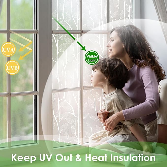 DKTIE Nordic Leaves Window Privacy Film Decorative Stained Glass Sun Blocking Heat Control with Free Installation Tools, Privacy Window Film Day and Night (White, 17.7'' x 78.7'')