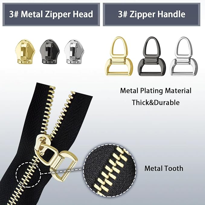 VICHERIA Zipper Repair Kit (45 Pcs), Universal Zippers for Sewing, Replacement Slider Pull Fix Kit for Jackets, Coat, Boot, Backpack, Purse (3#-B-9Pcs)