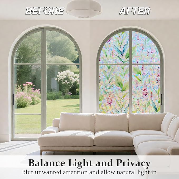 Donox Decorative Window Privacy Film, 3D Floral Stained Glass Window Film Static Cling Rainbow Privacy Sticker for Glass Door Heat Control Anti UV, No Adhesive (Gladiolus,17.5 x 157.4 inches)