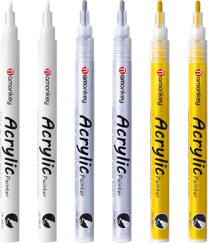 White, Silver & Gold Paint Marker Pens 6 Pack 1.2mm Fine Tip, Permanent Acrylic Ink for Rock, Wood, Metal, Glass, Ceramic, Plastic, Canvas, Pens for DIY Crafts, Art & Fine Detailing