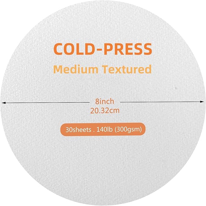 FEITAKE Round Watercolor Paper 100% Cotton/Cold Pressed / 140lb (300gsm) 8" Diameter 30 Sheets Pack Art Paper for Watercolor Gouache Ink Acrylic & Crafting