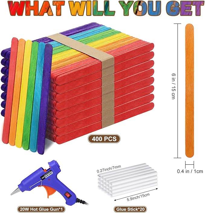6 inch Colored Wooden Sticks Kits, 400PCS Colorful Rainbow Sticks with Hot Glue Gun and Sticks for Craft Home Popsicle Decoration Project Building Model Kid Classroom Art Craft Supplies