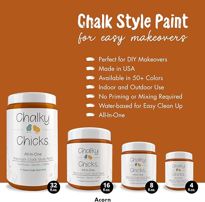 Chalky Chicks All-in-One Chalk Paint for Furniture or Cabinet - 8 Fl Oz - Matte Finish Acorn Orange for Metal, Wood Furniture Paint - No Sanding All-in-One for Home Decor & Crafts, USA Made