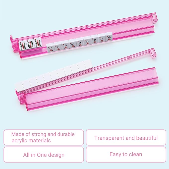Mahjong Racks with Pushers 4PCS Set Majiang Tile Holder Acrylic Mahjong Racks Accessories and Gifts-Pink