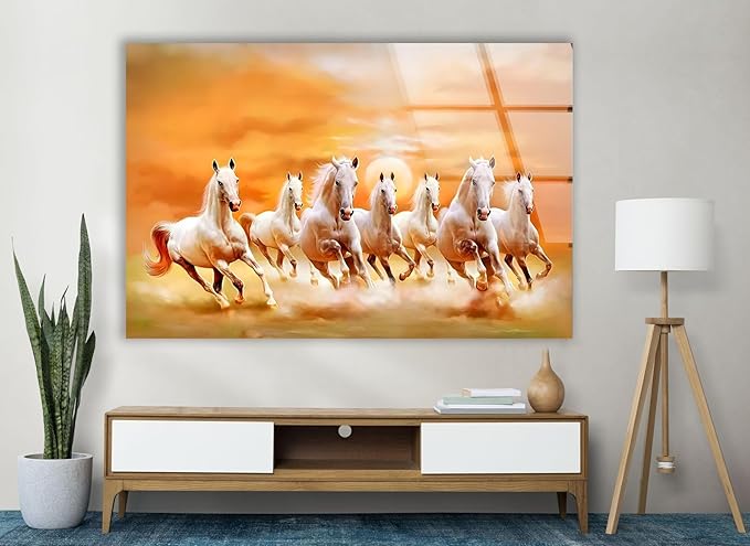 My Photostation.com 48Wx32H'' White Horses Running on Sunset Glass Wall ArtTempered Glass Printing Wall Decor Large Wall Art Wall Hangings