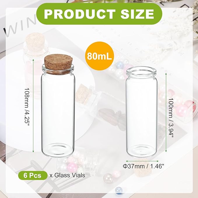 uxcell 6Pcs Mini Glass Bottles with Cork Stoppers, 80ml Small Clear Bottles Glass Empty Jars Vials for DIY Crafts Party Wedding Decor Favors