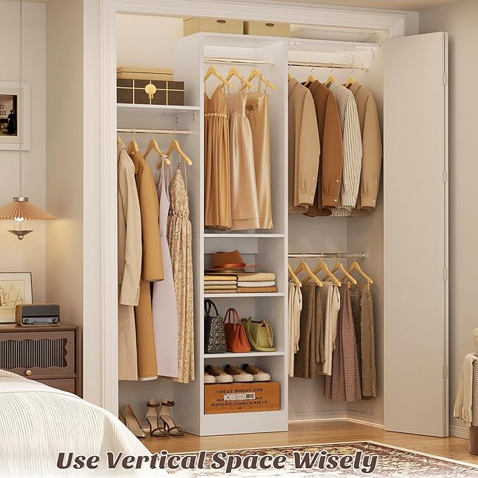 48" Small Closet Organizer, 4FT Small Closet System with 4 Closet Rods & 3 Shelves, 80"H Small Closet Organizers and Storage for Small Bedooms, Cloakrooms, Laundry Rooms, White