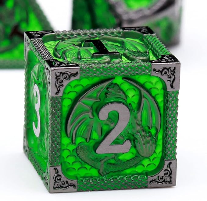 Haxtec Metal Dice Set Green Black Dragon Pattern Metal DND Dice with Leather Dice Bag Polyhedral D&D Dice Compatible with Dungeons and Dragons TTRPG Gifts